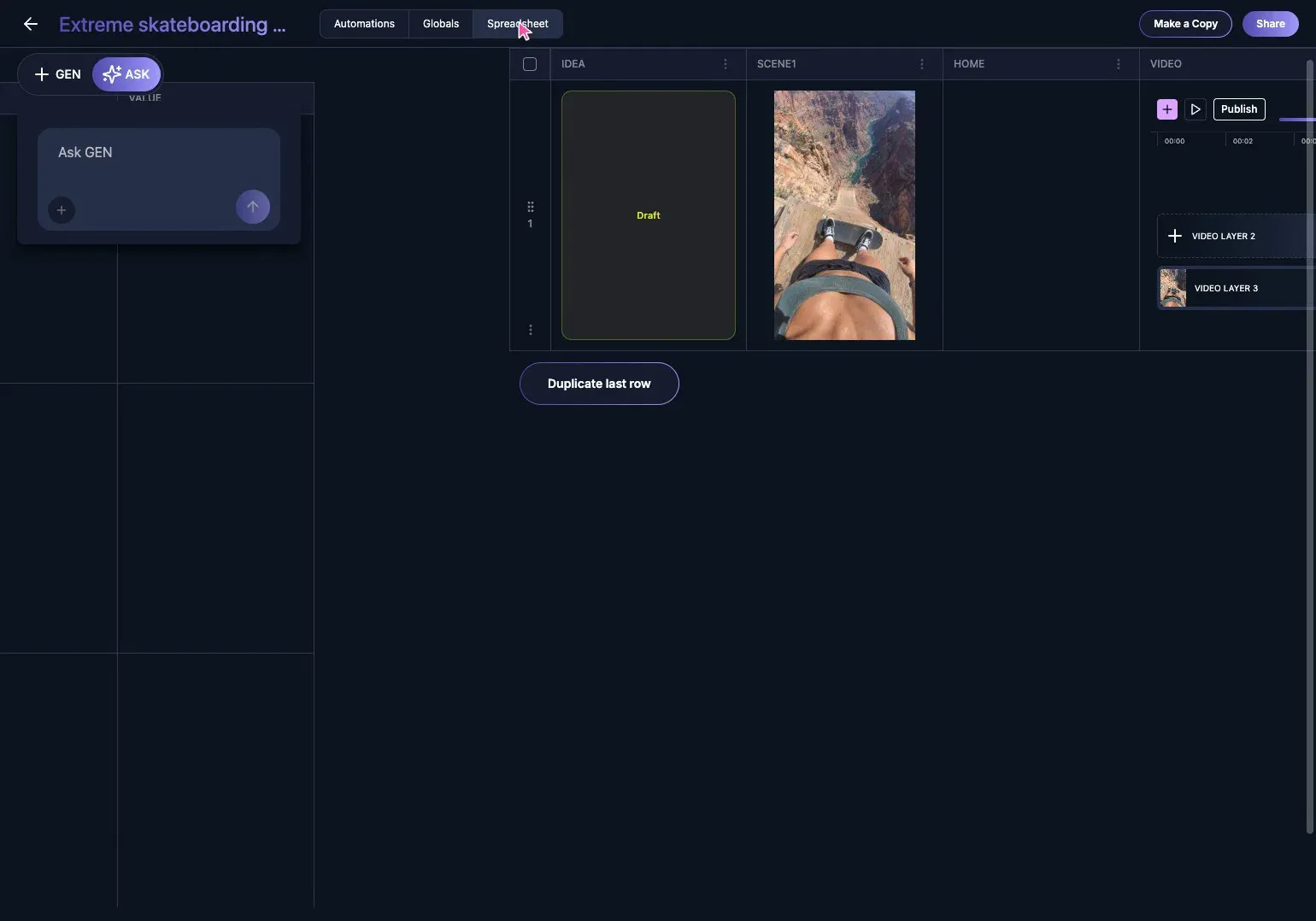 A GEN Vidsheet row connecting an idea, image, video, and final output