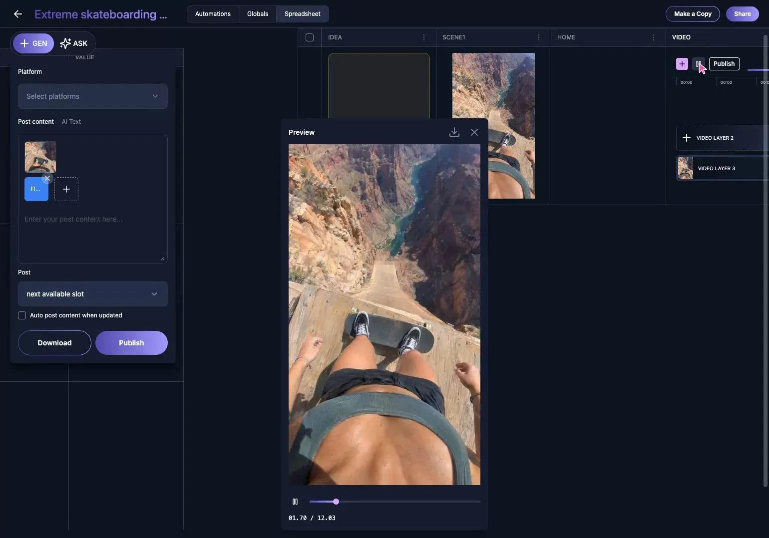 The Seedance video timeline and generated skateboard preview