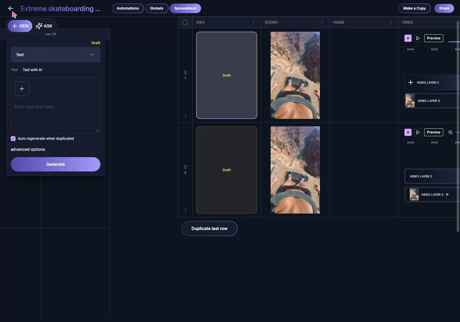 Two Vidsheet rows after duplicating the proven AI video workflow