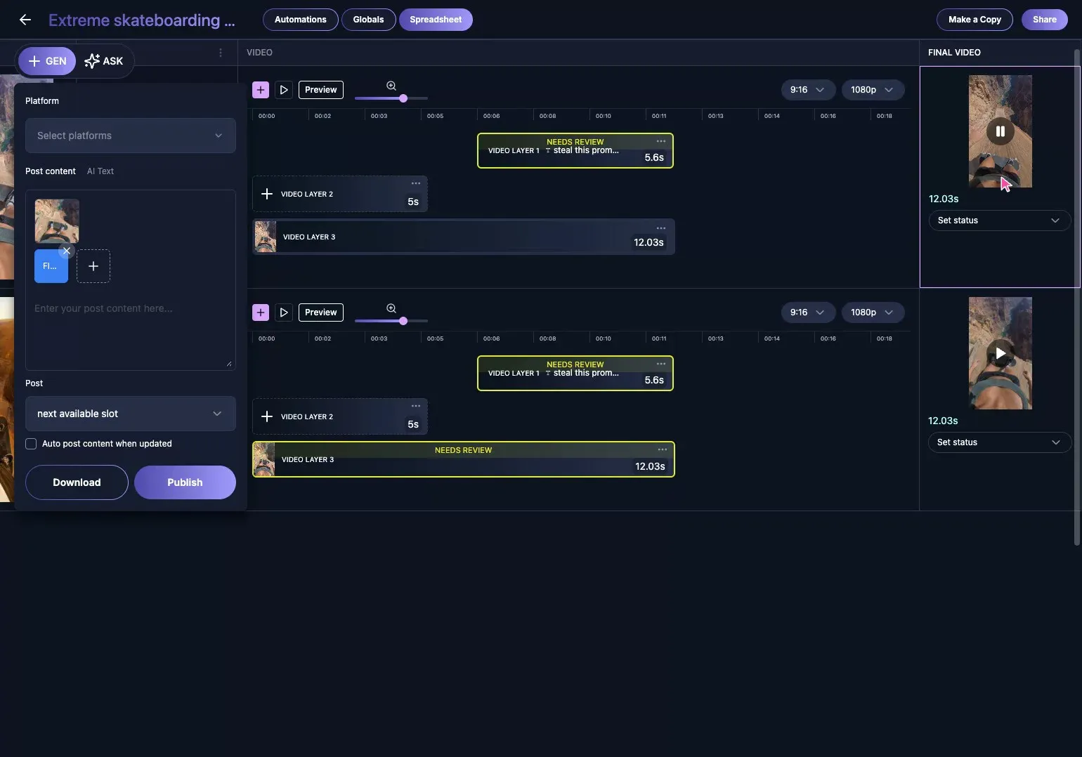 The GEN publish panel beside the completed Vidsheet video timeline