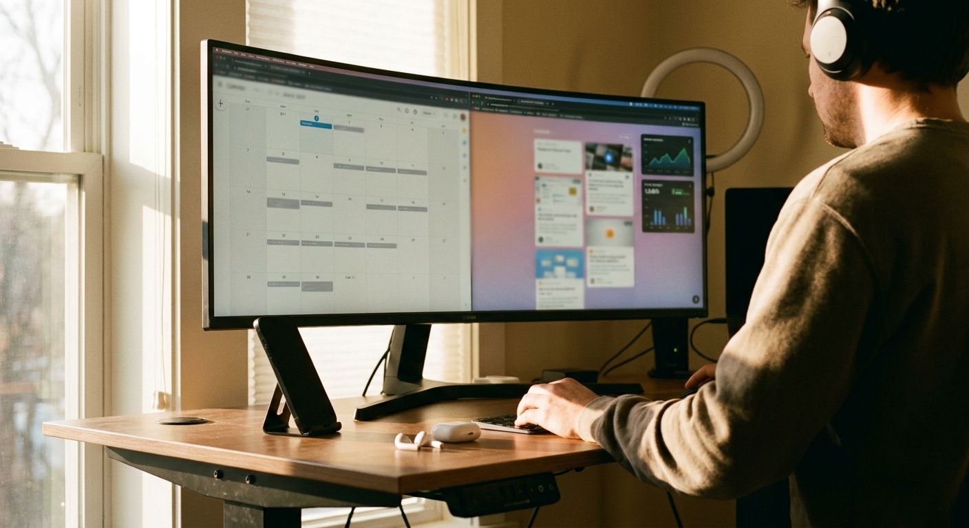 A content creator seated at a standing desk reviewing a large monitor showing a 