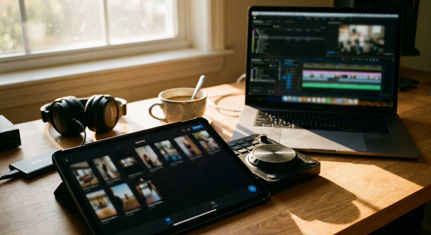 Close-up of a desk surface with a tablet showing a grid of vertical clip thumbna