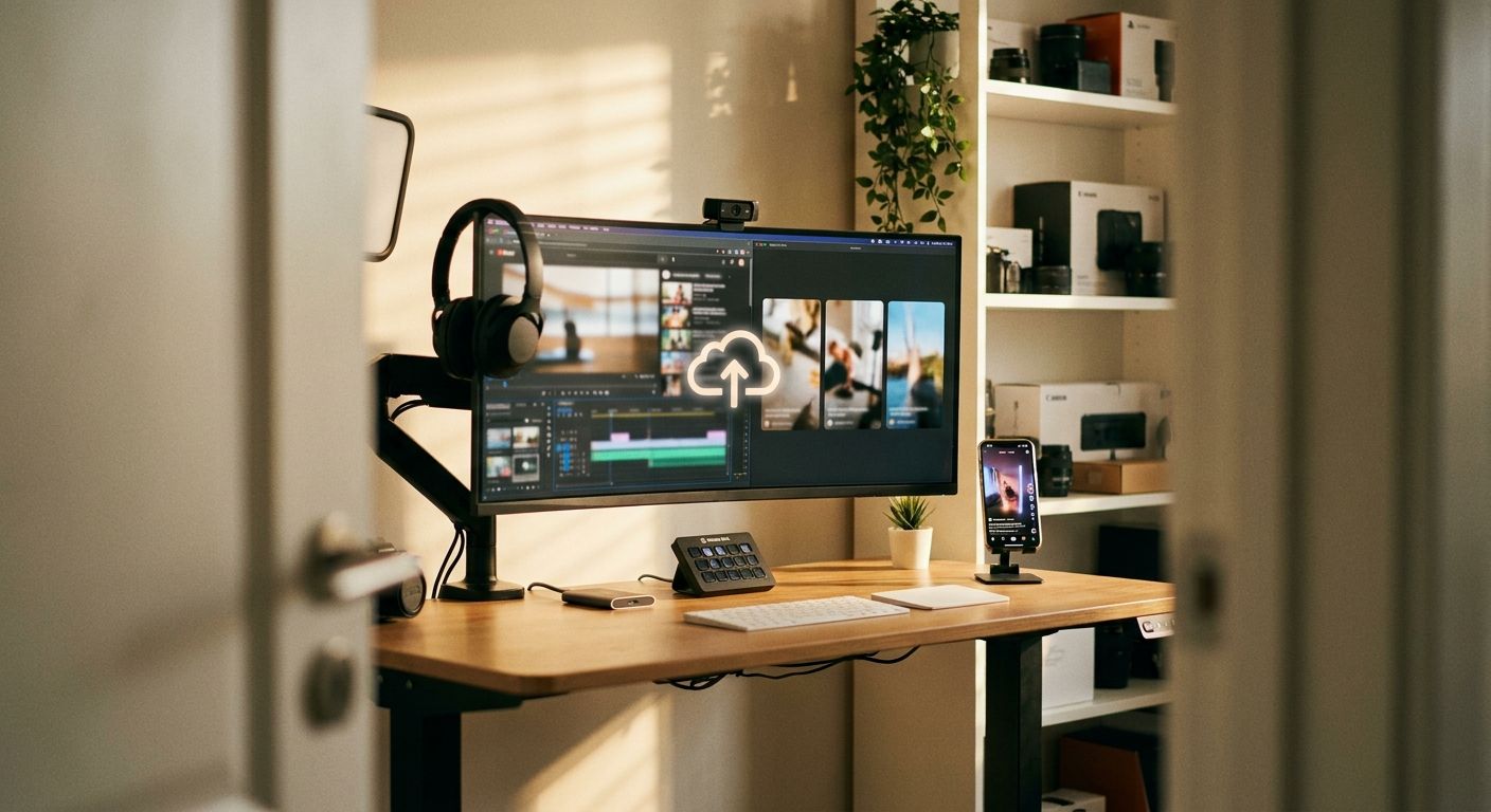 Wide shot of a lean content operations setup with a single monitor displaying si