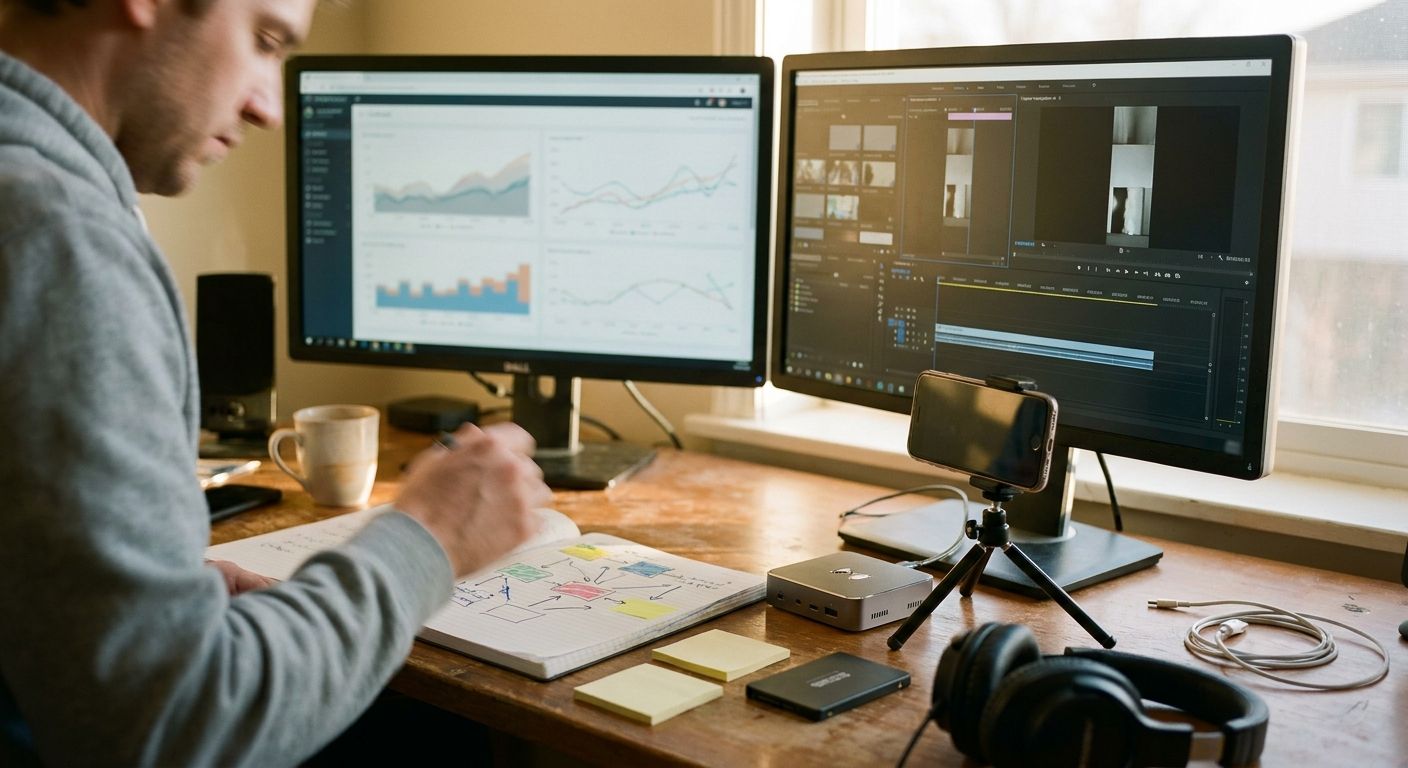 A creator-operator reviewing three different AI channel angle setups across a du