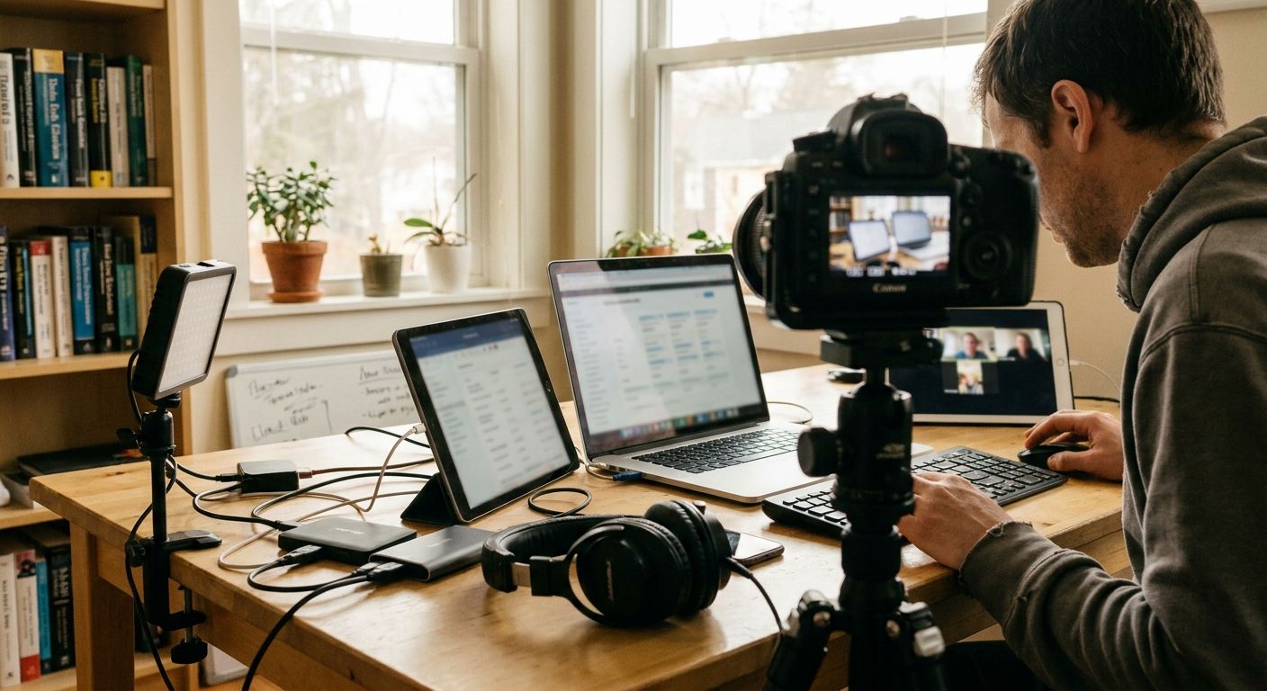 A focused creator filming an original AI workflow demonstration instead of a gen