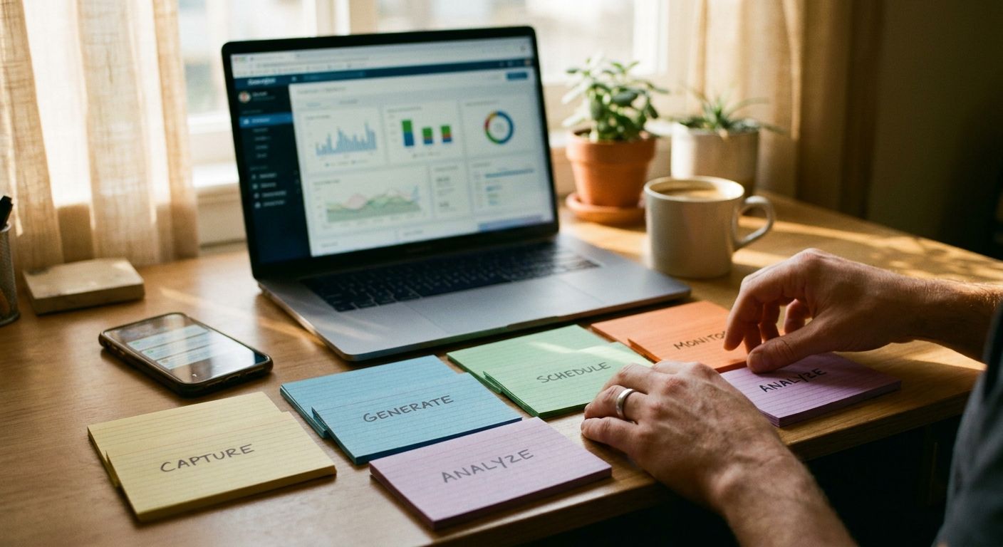 Close-up of a marketing lead sorting a social media automation workflow on a des