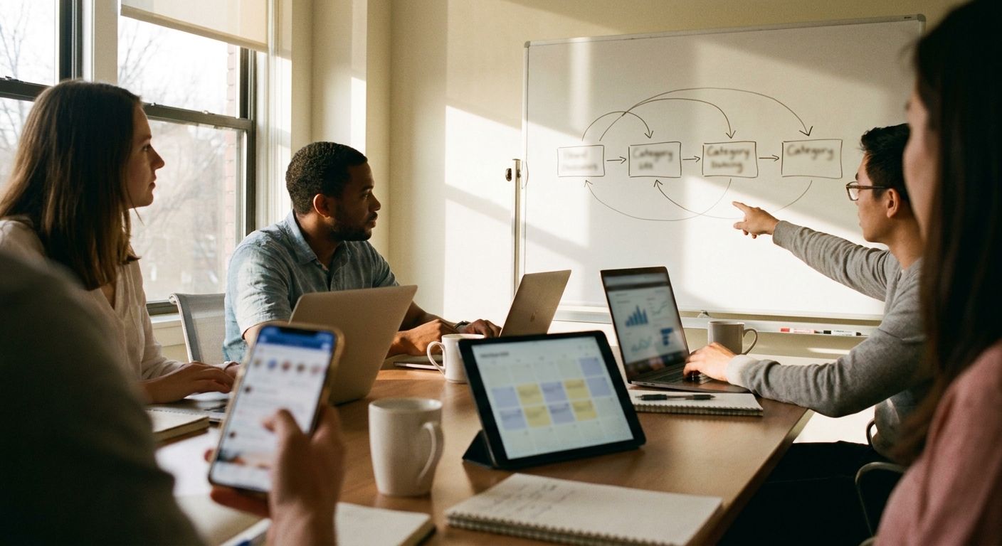 A small team reviewing an automation stack decision at a conference table: lapto