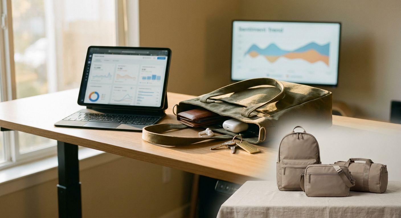 Candid scene of a DTC brand operator sitting at a standing desk reviewing a tabl