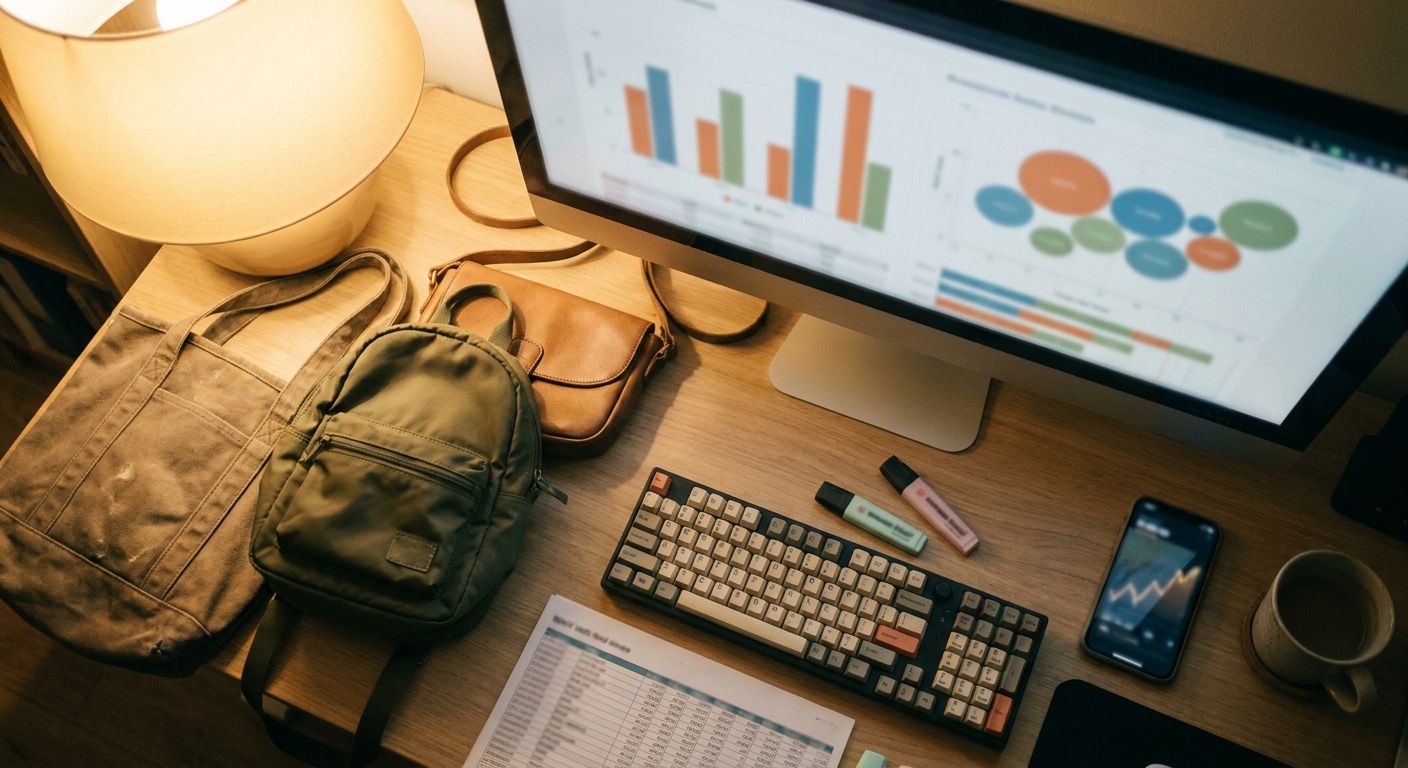 Close overhead shot of a marketing strategist's workspace: a large monitor displ