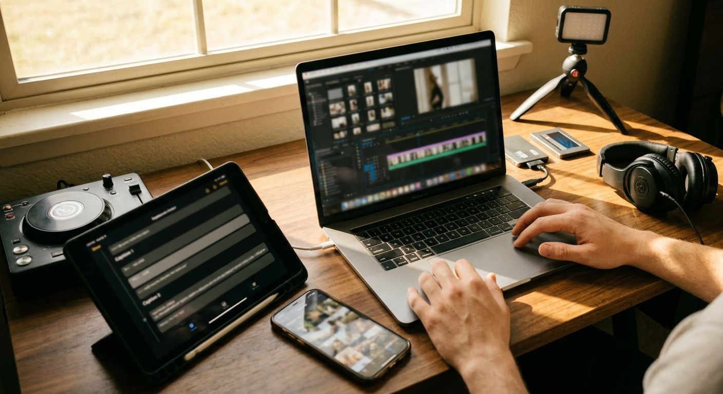 A content lead comparing AI-generated short-video outputs across a laptop, table