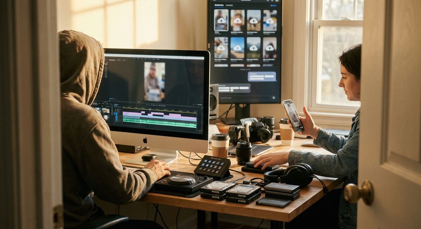 Two-person creator team reviewing a batch of vertical clips at a workstation: on