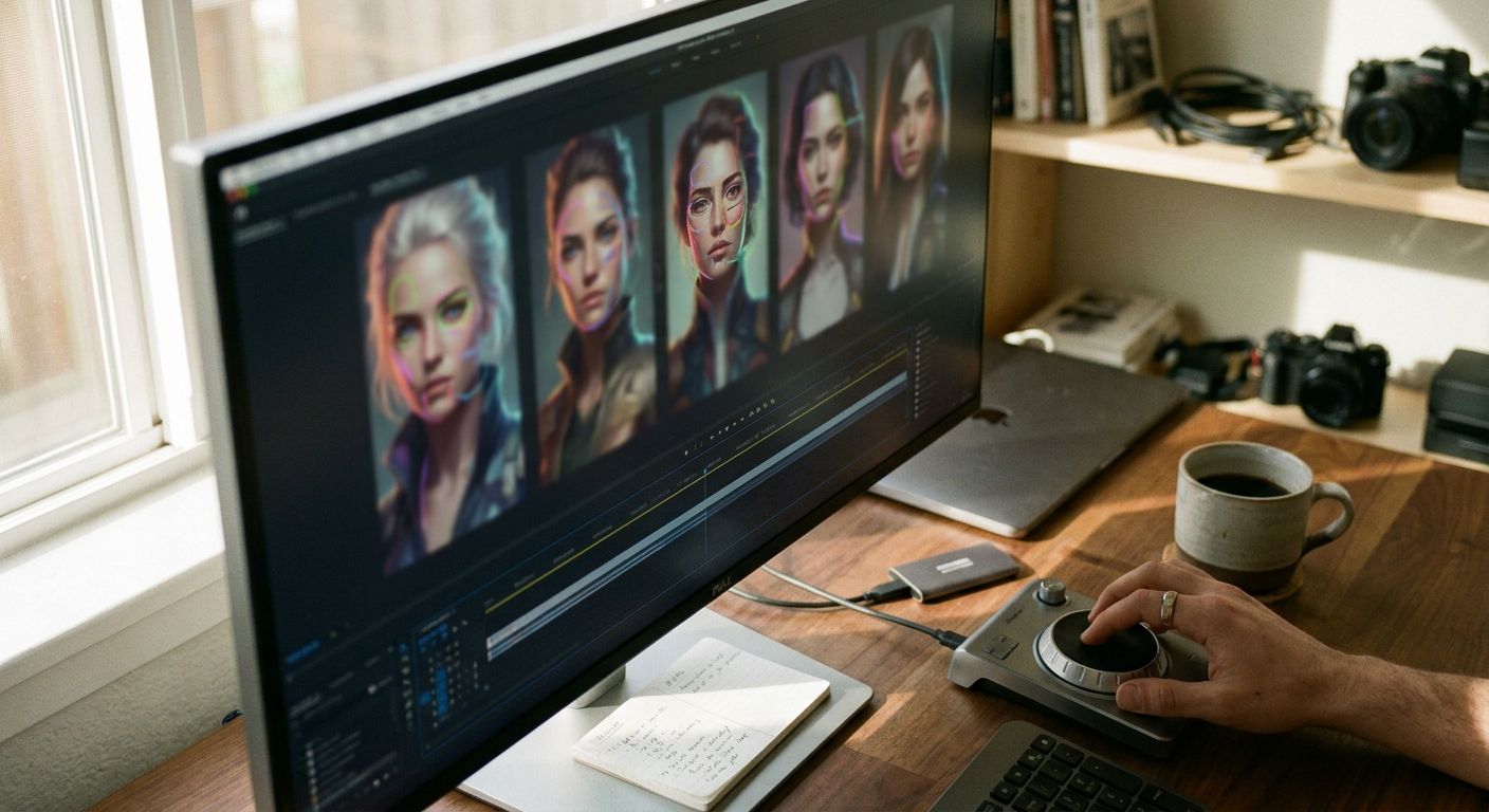 Close-up of a monitor showing a vertical grid of AI-generated character portrait