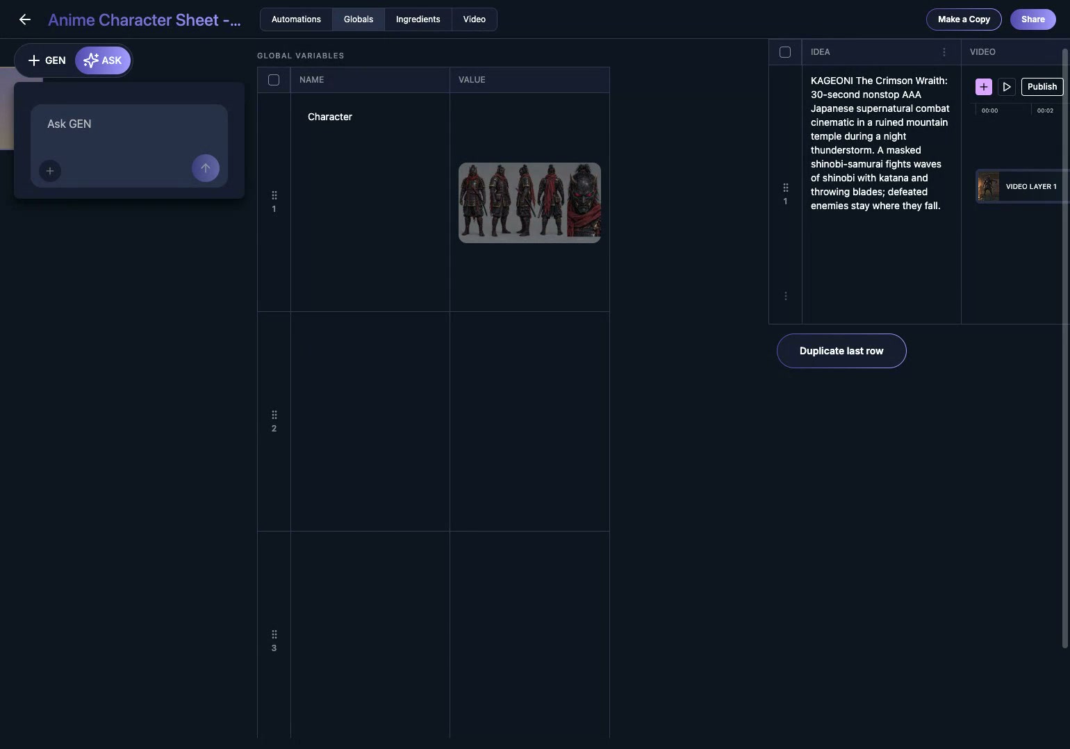 GEN Globals tab showing an anime character sheet stored in the Character variable