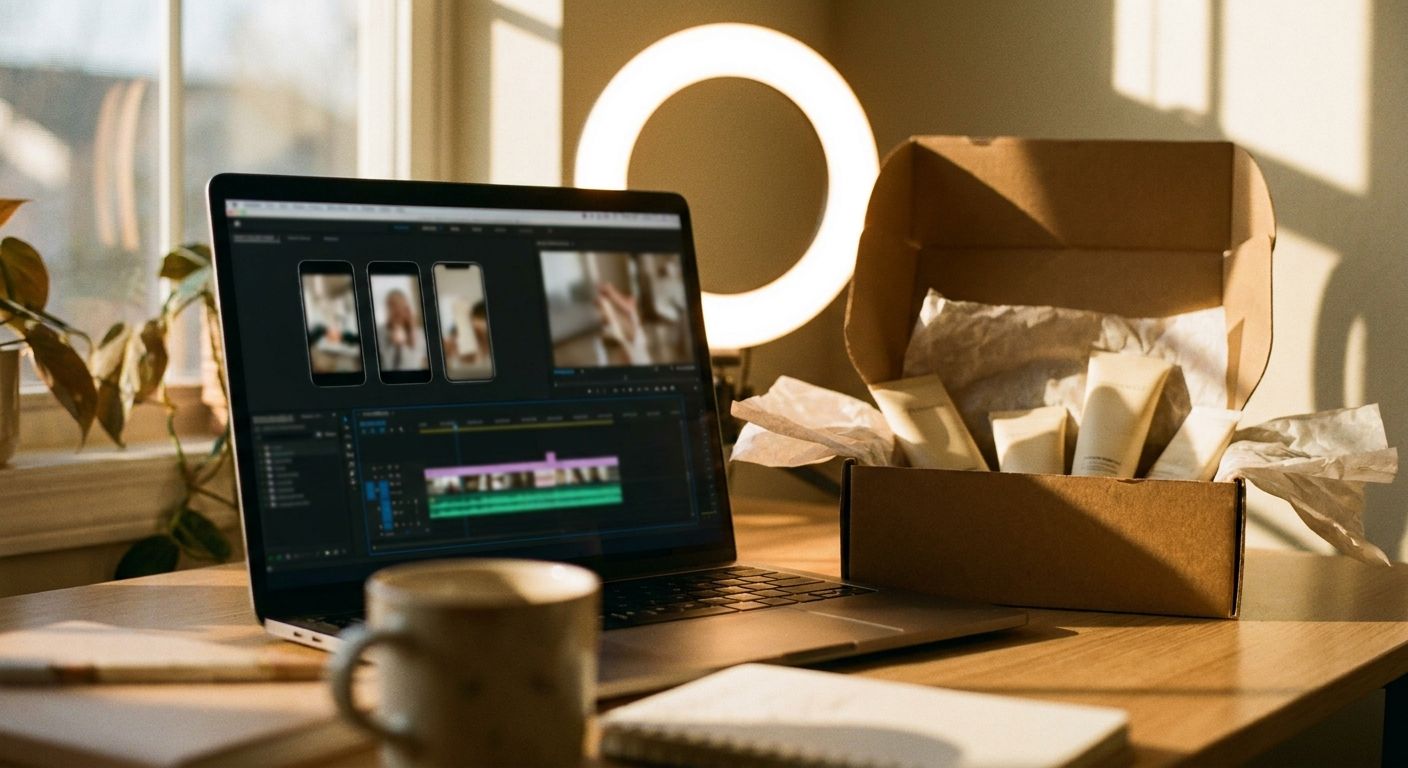 A creator's workspace showing a laptop screen with a blurred multi-track editing