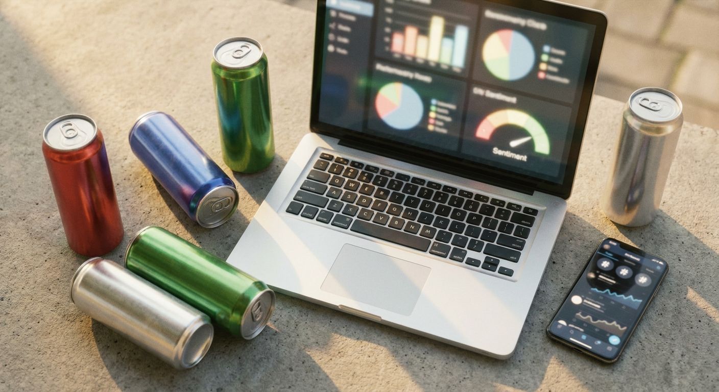 Close-up overhead shot of four or five different energy drink cans from competin