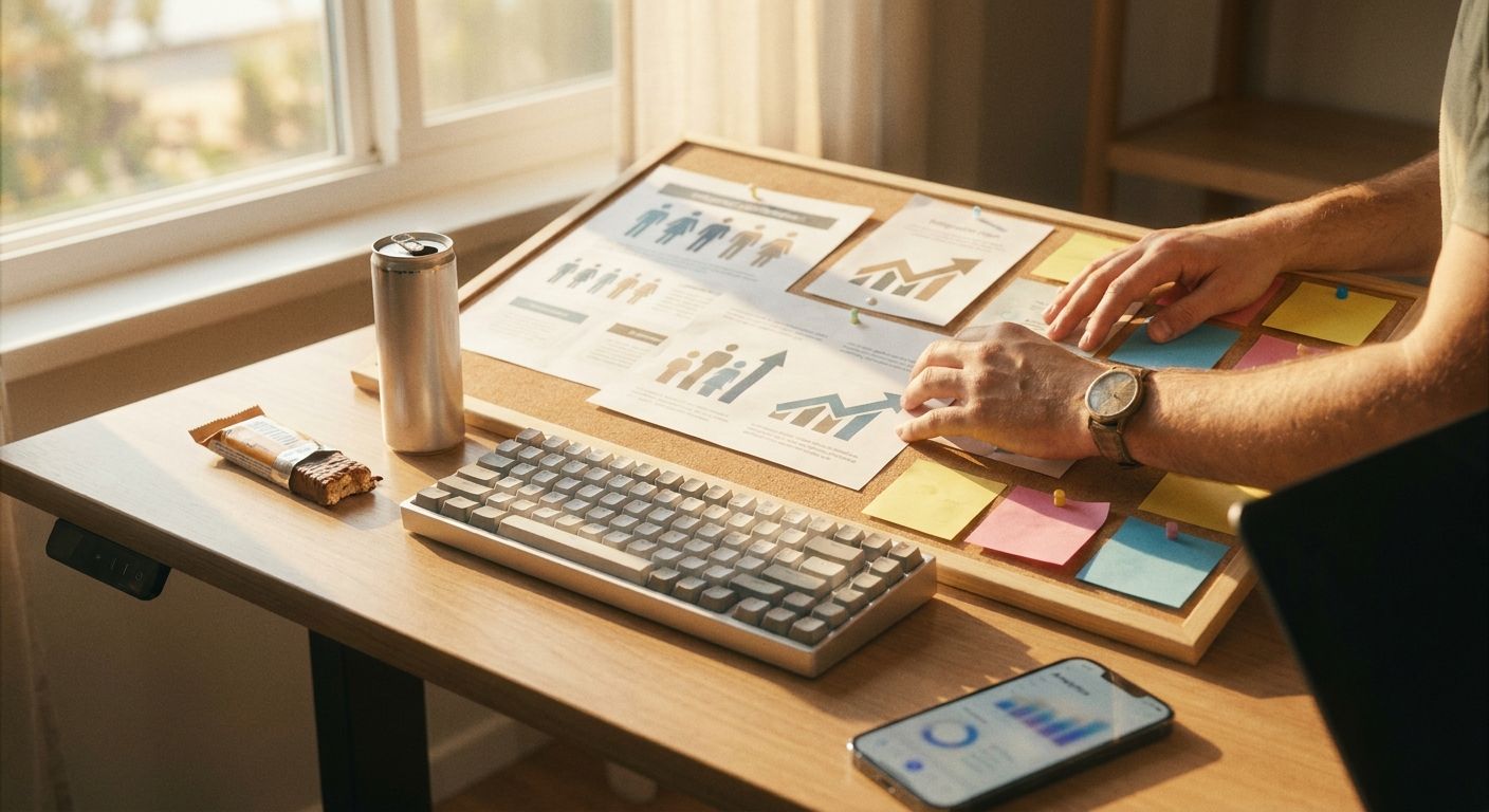 A brand strategist leaning over a standing desk reviewing printed infographic sh