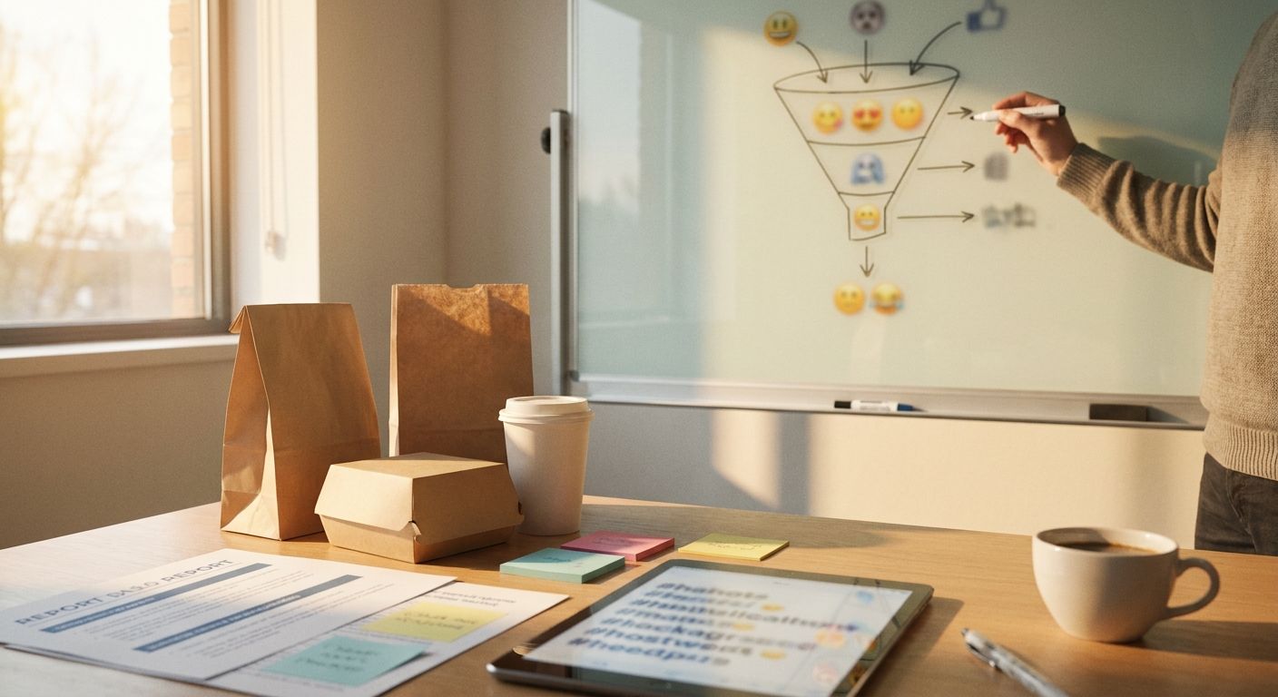 A fast food brand manager standing at a glass whiteboard in a casual office, dra