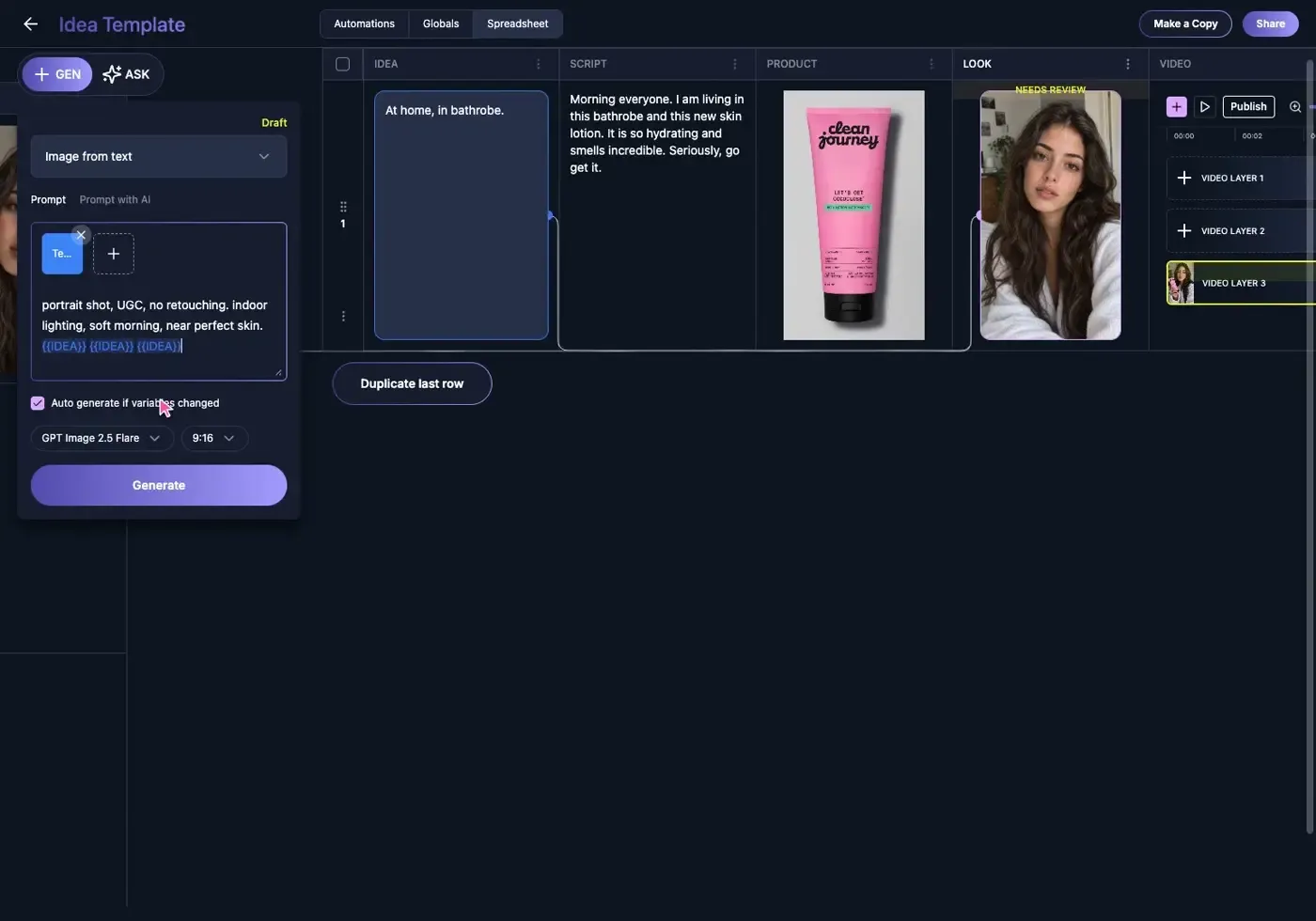 GEN global assets panel with the product, creator look, and reusable creator variable