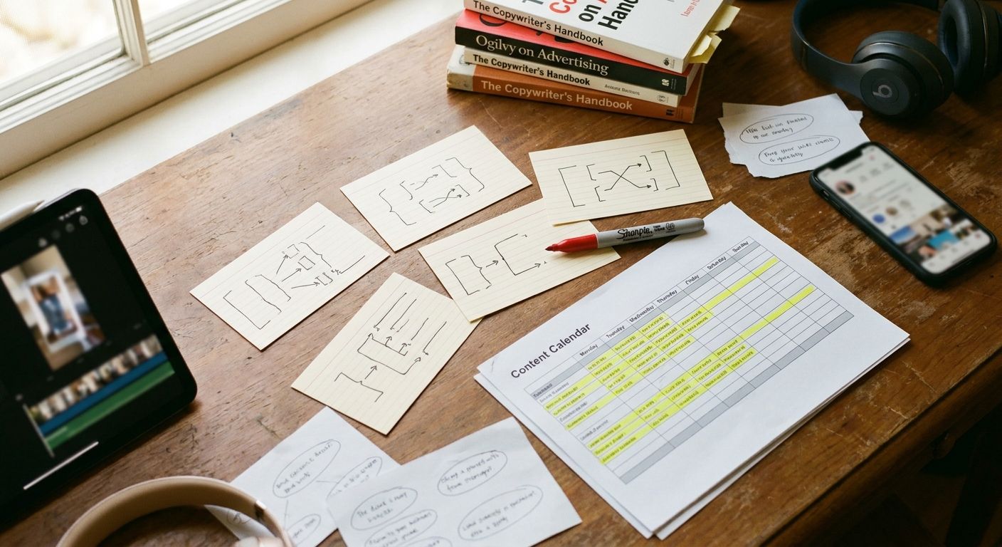 Overhead flat-lay of a worn wooden desk surface with five index cards arranged i