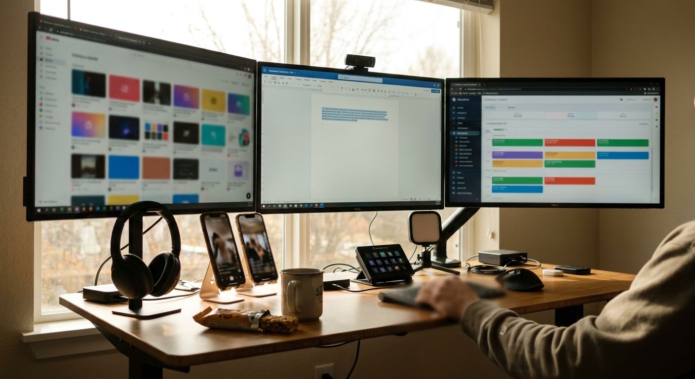 A wide shot of a standing desk with three screens in an L-shape configuration, t