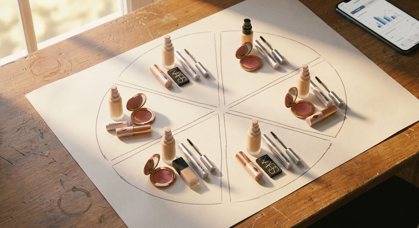 Close overhead shot of a wooden desk surface with six small makeup product group