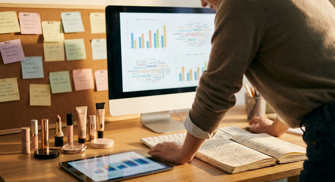 A brand manager leans over a monitor displaying blurred sentiment word-cloud vis