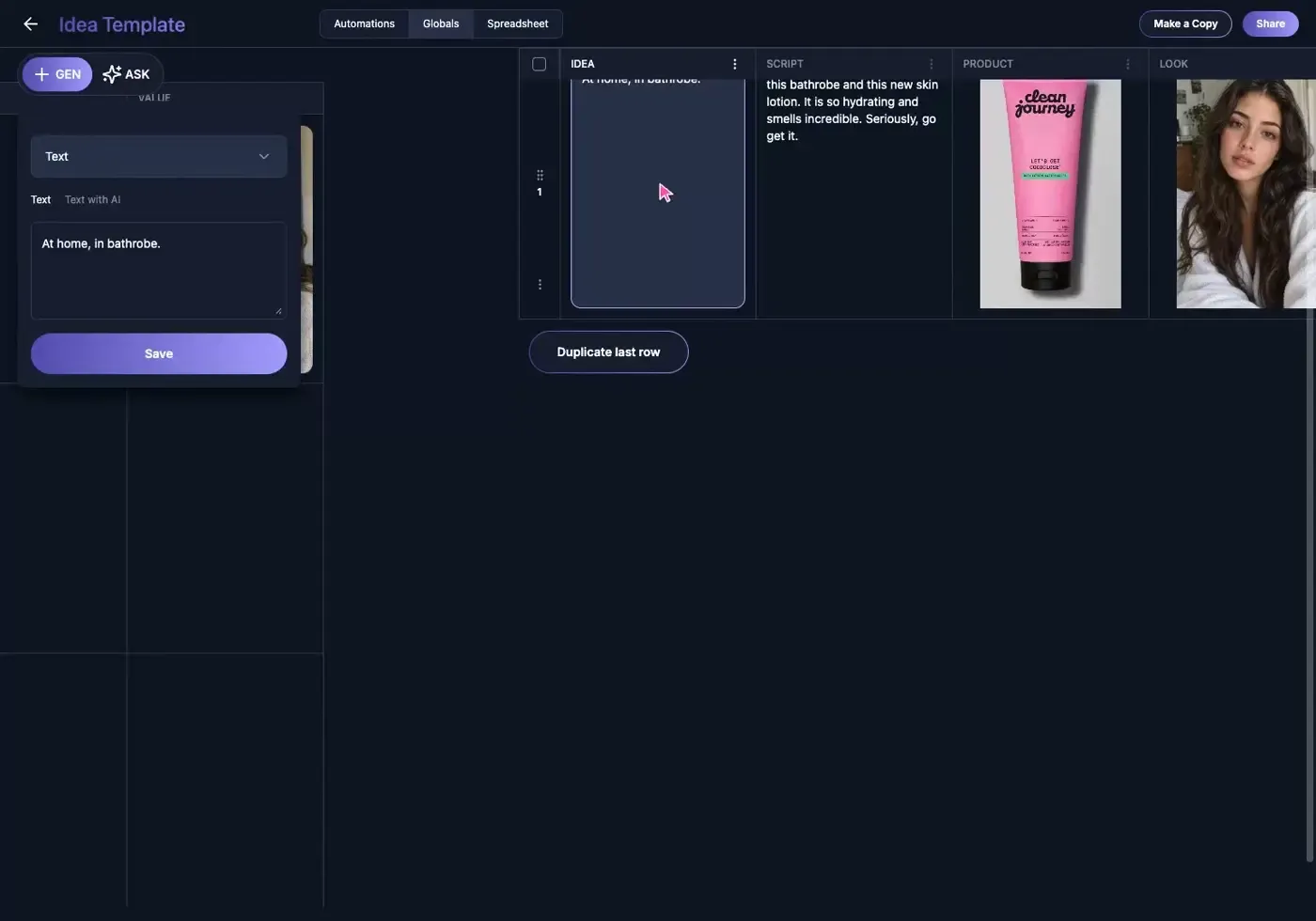 GEN Vidsheet row combining an exact product packshot with the creator look