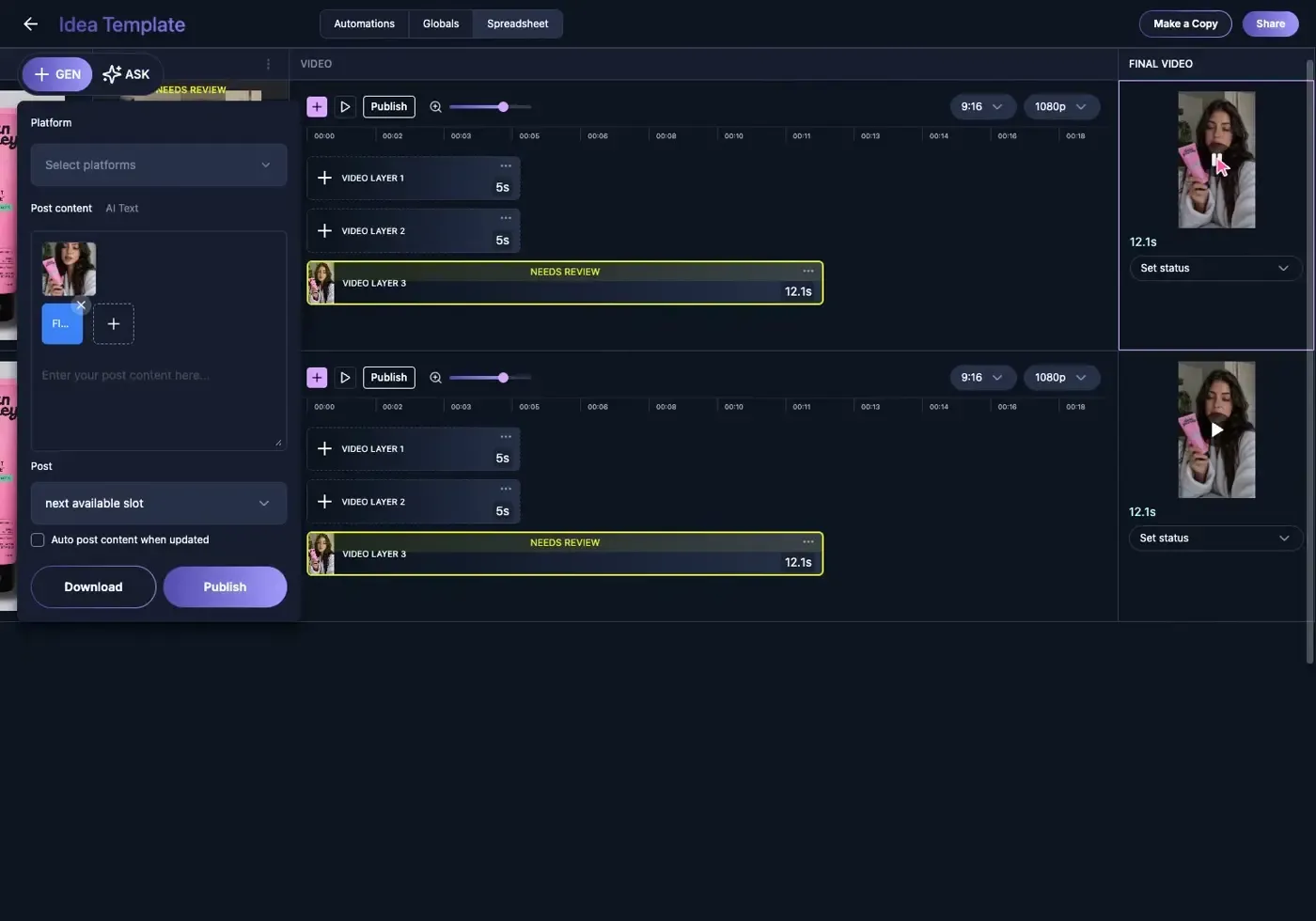 GEN publish panel beside two finished AI UGC product ad variations