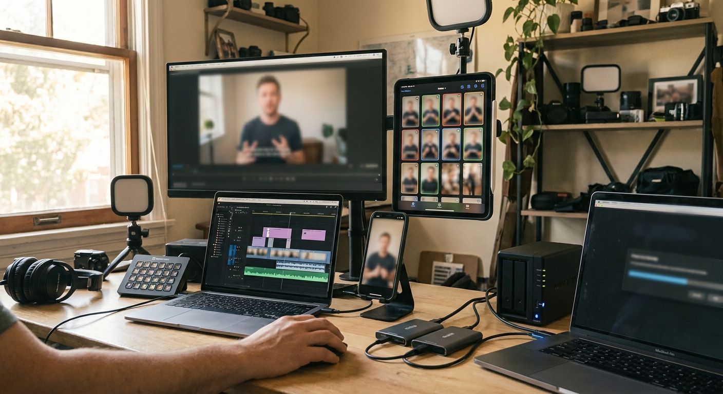 A practical AI reel workflow scene with five distinct production stations on one