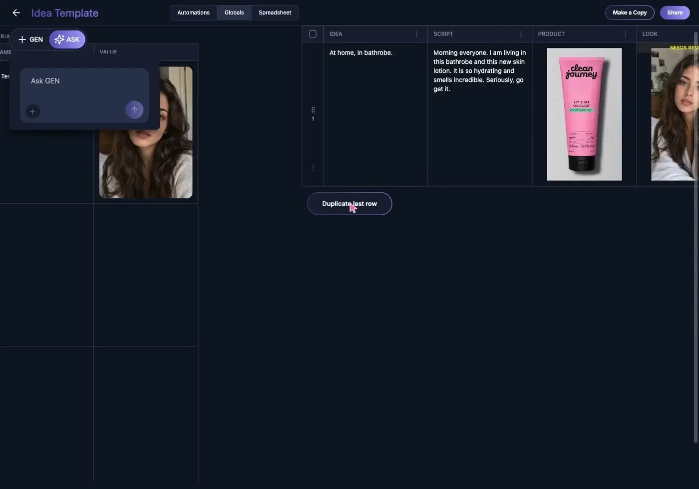 GEN Vidsheet showing duplicated rows that preserve the product ad workflow