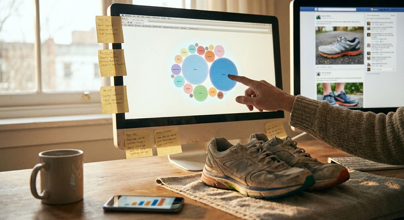 A close-up of a large monitor showing a bubble chart visualization where differe