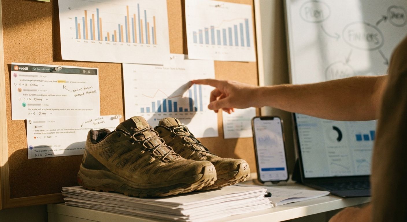 A marketing strategist at a standing desk reviewing printed bar graphs and trend