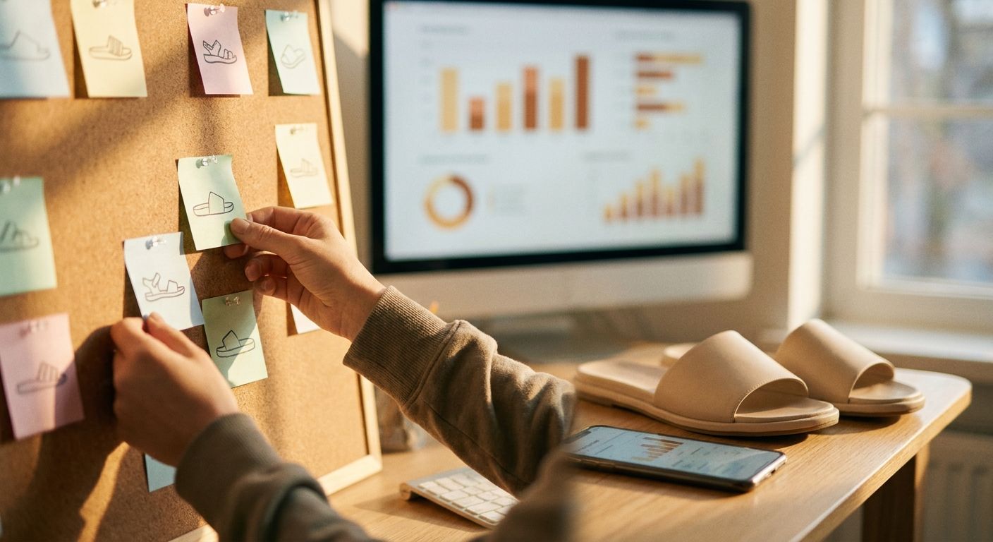 Close-up of two hands at a standing desk sorting through sticky notes color-code