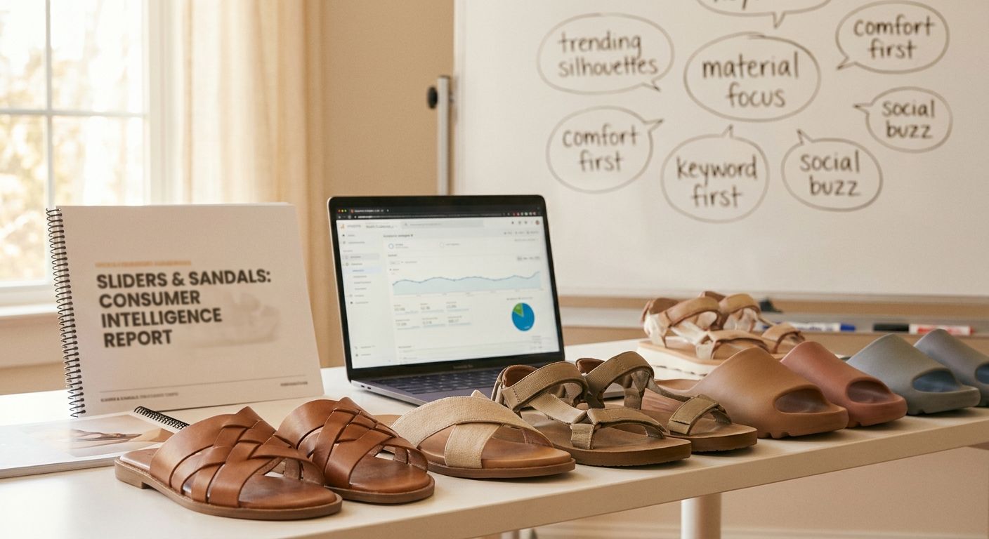 A brand marketer seated at a cluttered but purposeful workspace reviewing a prin