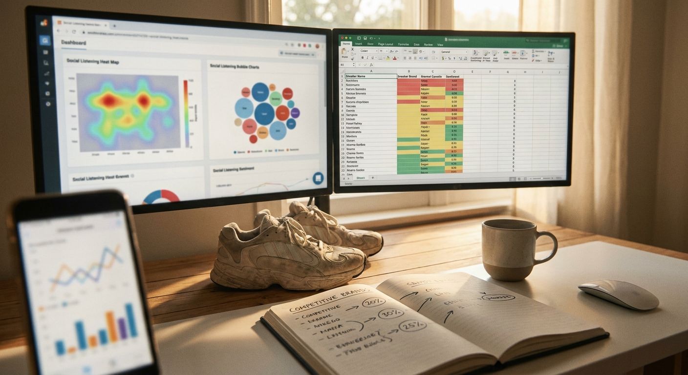 Close-up of a brand strategist's dual-monitor desk setup showing blurred social 