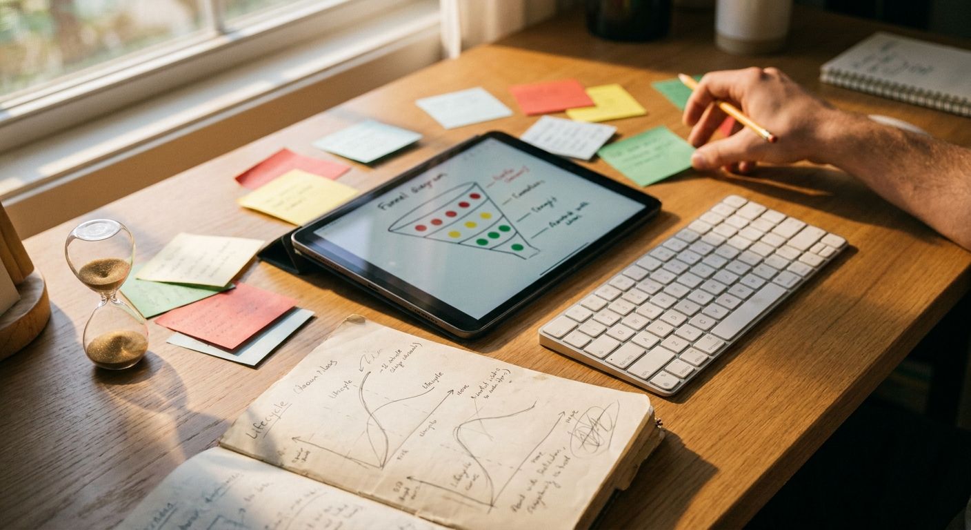 Close overhead shot of a cluttered creator workflow desk: a tablet showing a fun