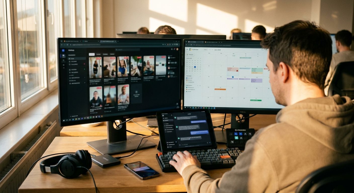 A content operations team member seated at a multi-monitor setup in a modern co-