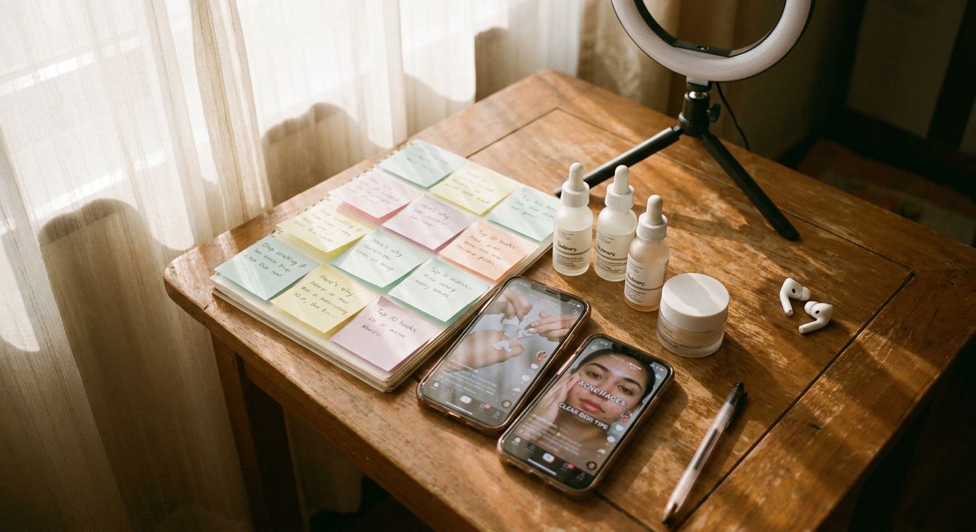 An overhead flat-lay of a creator's workspace showing two smartphones side by si