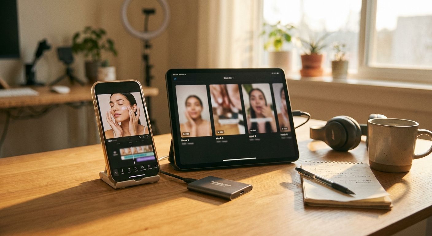 A creator's phone and tablet side by side on a desk, the phone showing a single 
