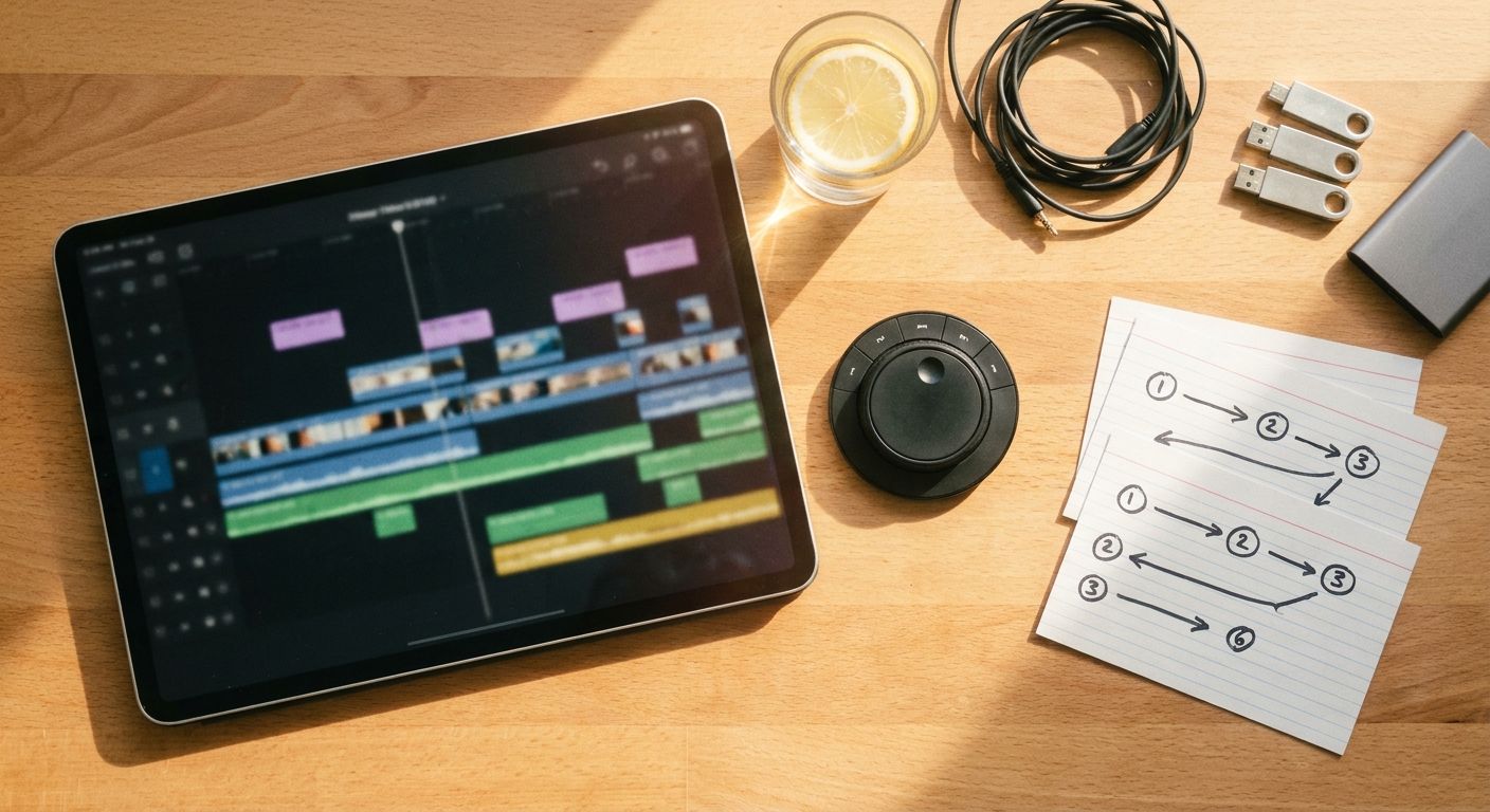 A flat-lay overhead shot of a content creator's desk mid-workflow: a tablet disp