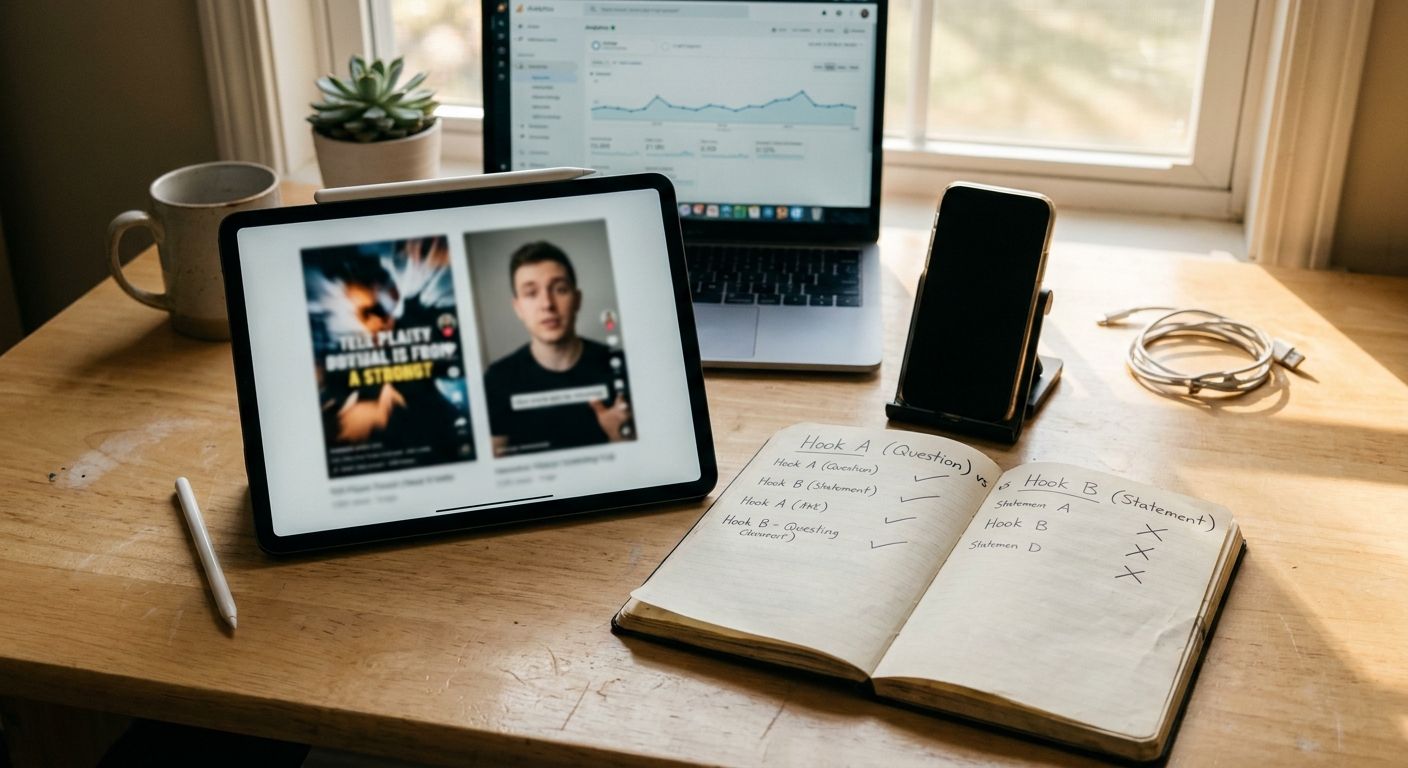 An overhead flat-lay of a modern creator workflow spread: a tablet showing two s