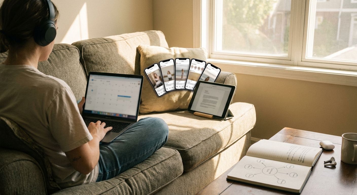 A creator sitting cross-legged on a couch with a laptop open showing a blurred c