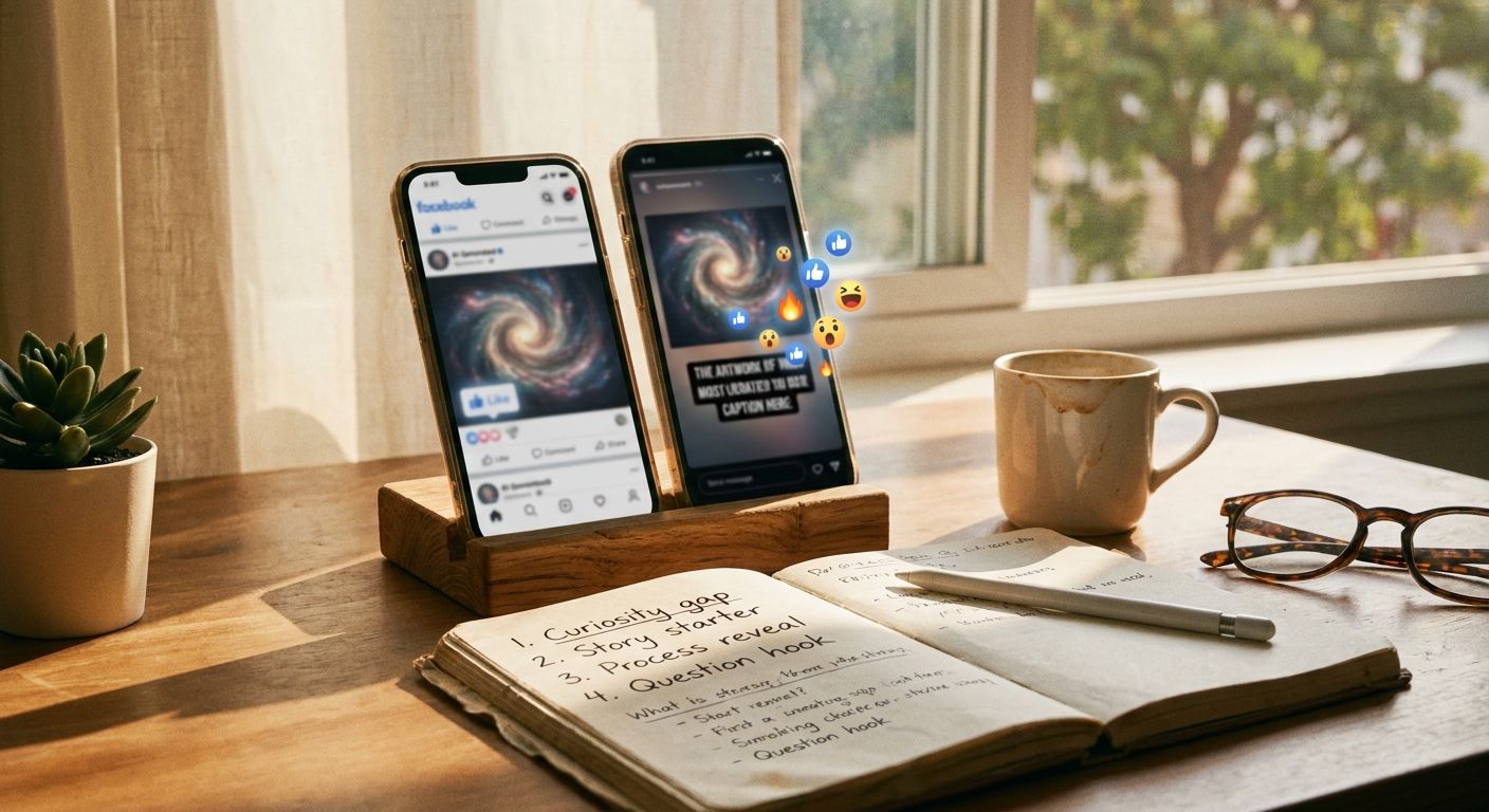Two side-by-side phone screens propped against a small wooden stand on a desk, o