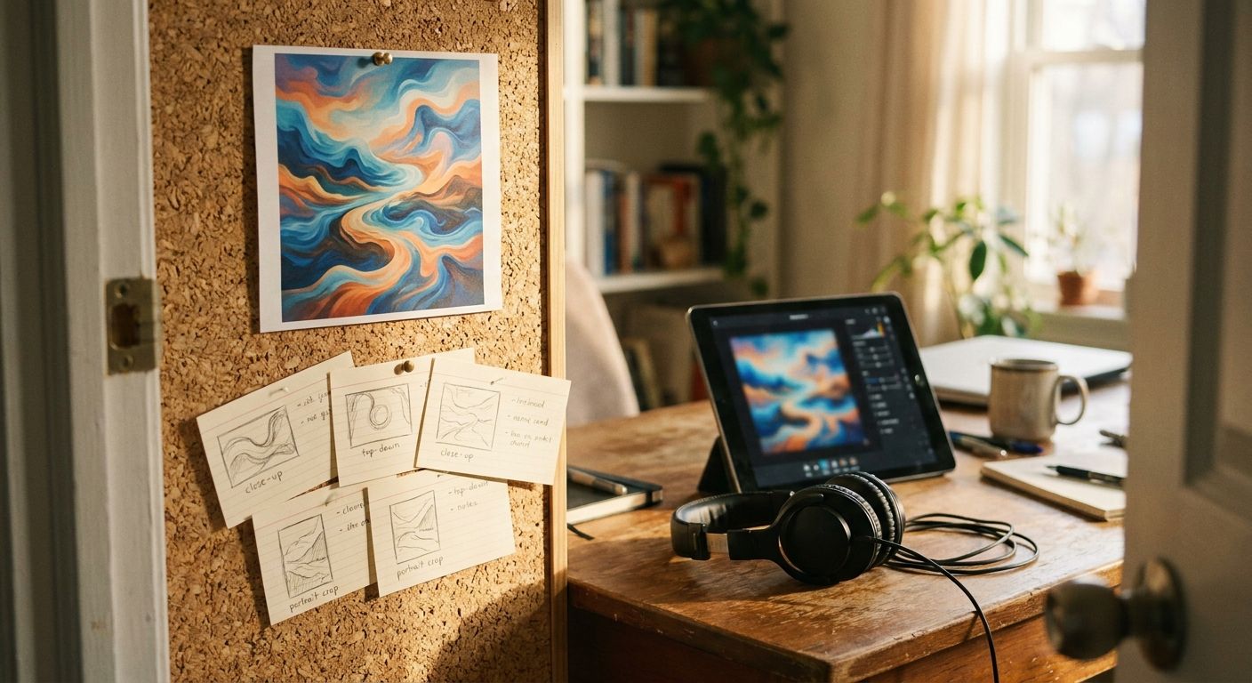 A creator's desk showing a single printed reference image of an AI artwork pinne