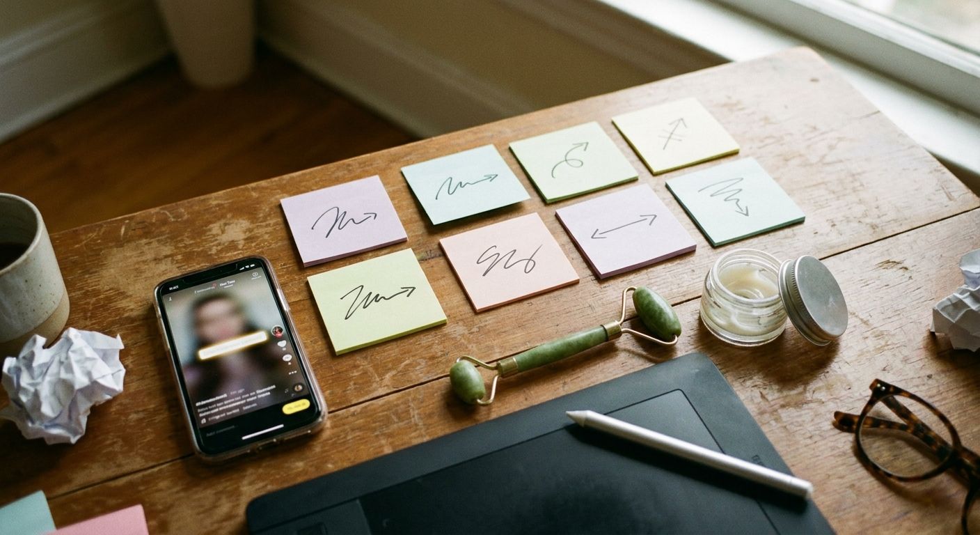 Close-up overhead shot of a wooden desk surface with ten small sticky notes arra