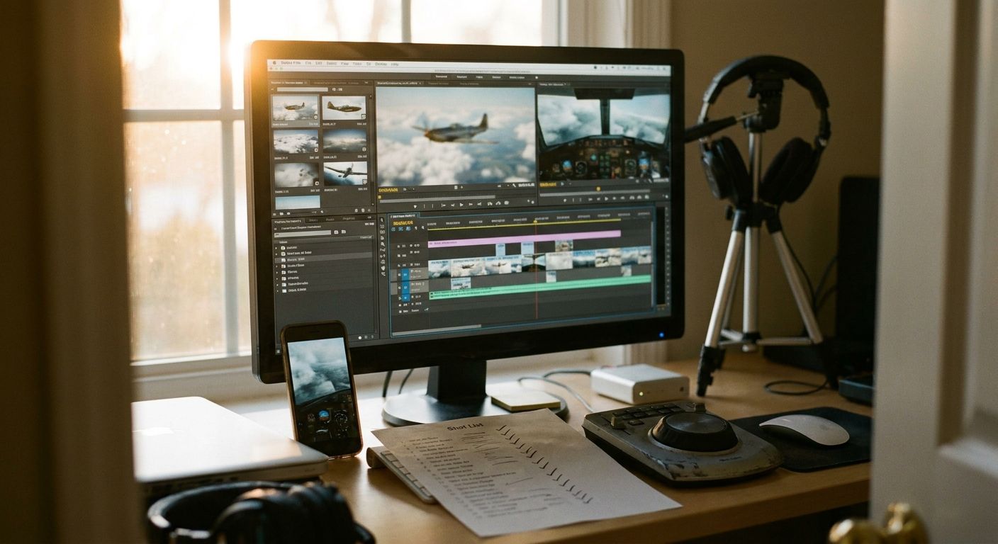 Close-up overhead view of a creator's editing timeline on a widescreen monitor s