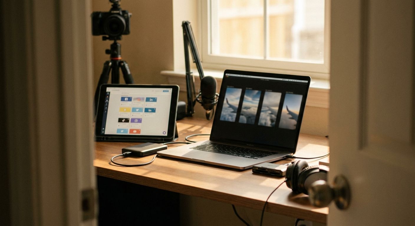 A creator's desk showing a single external hard drive connected to a laptop with