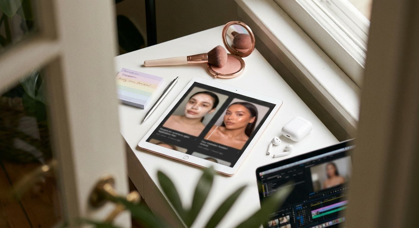 Close overhead shot of a creator's workspace: a tablet displaying two side-by-si