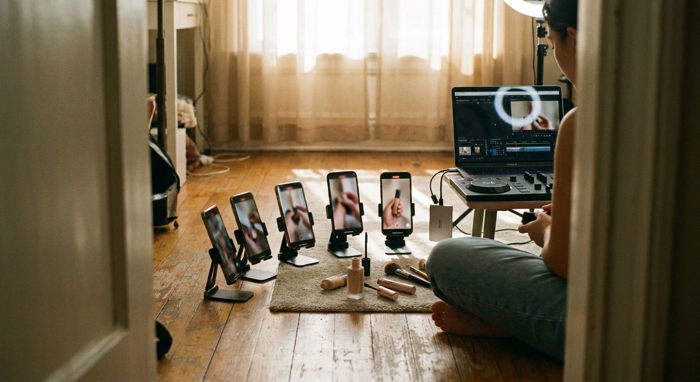 Creator sitting cross-legged on a studio floor surrounded by five phones propped
