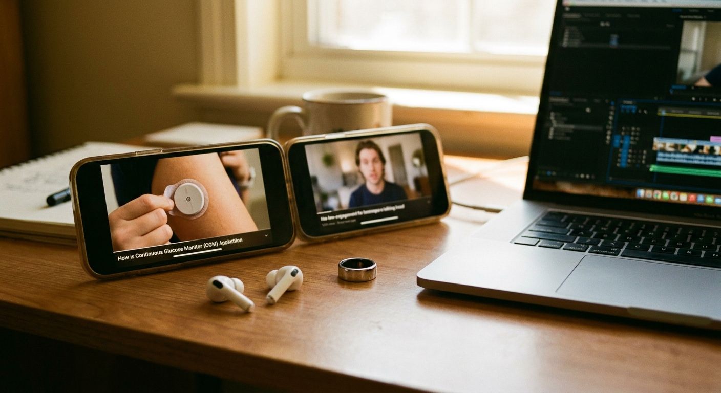 Side-by-side of two phone screens propped on a wooden desk, one displaying a sho